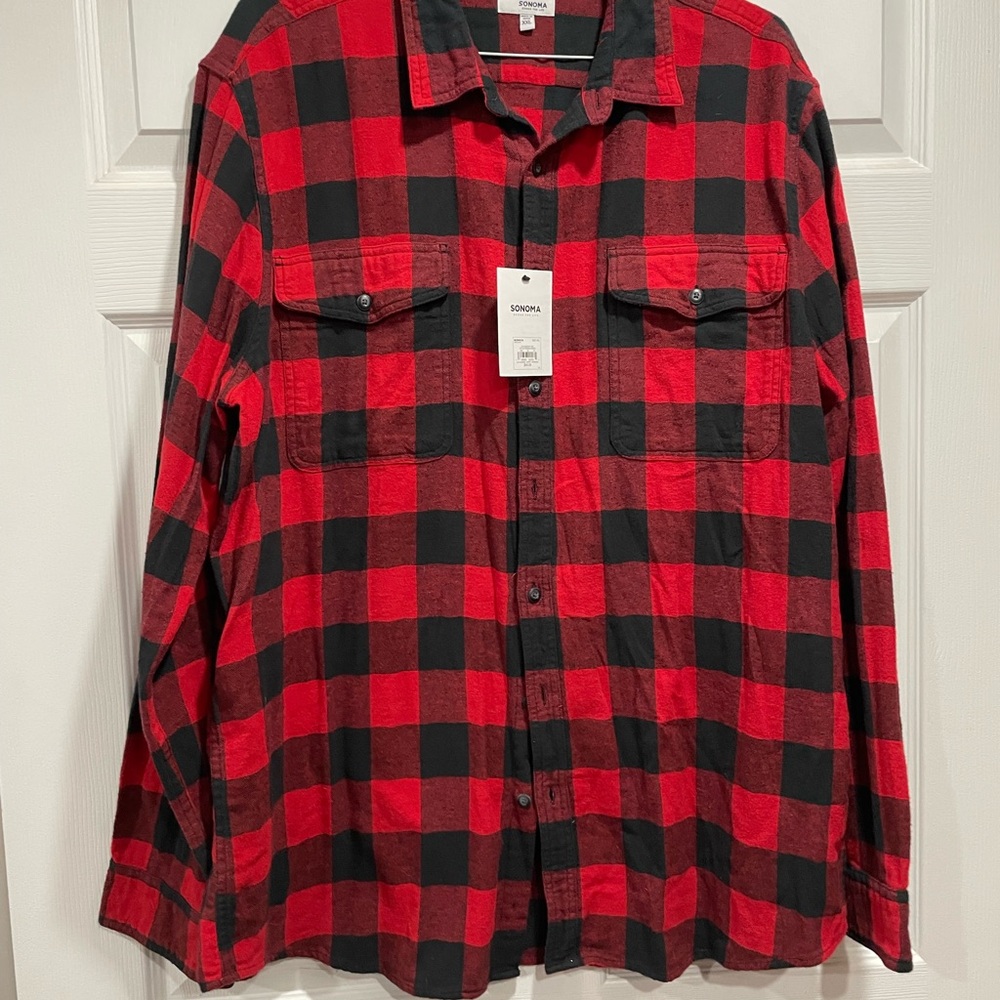Sonoma Men's Red and Black Checkered Button-down Flannel Shirt - Size XXL